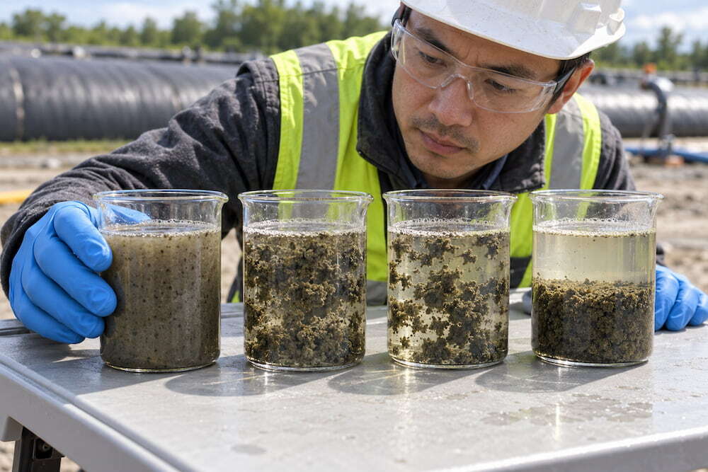 Technician examines sediment jar tests